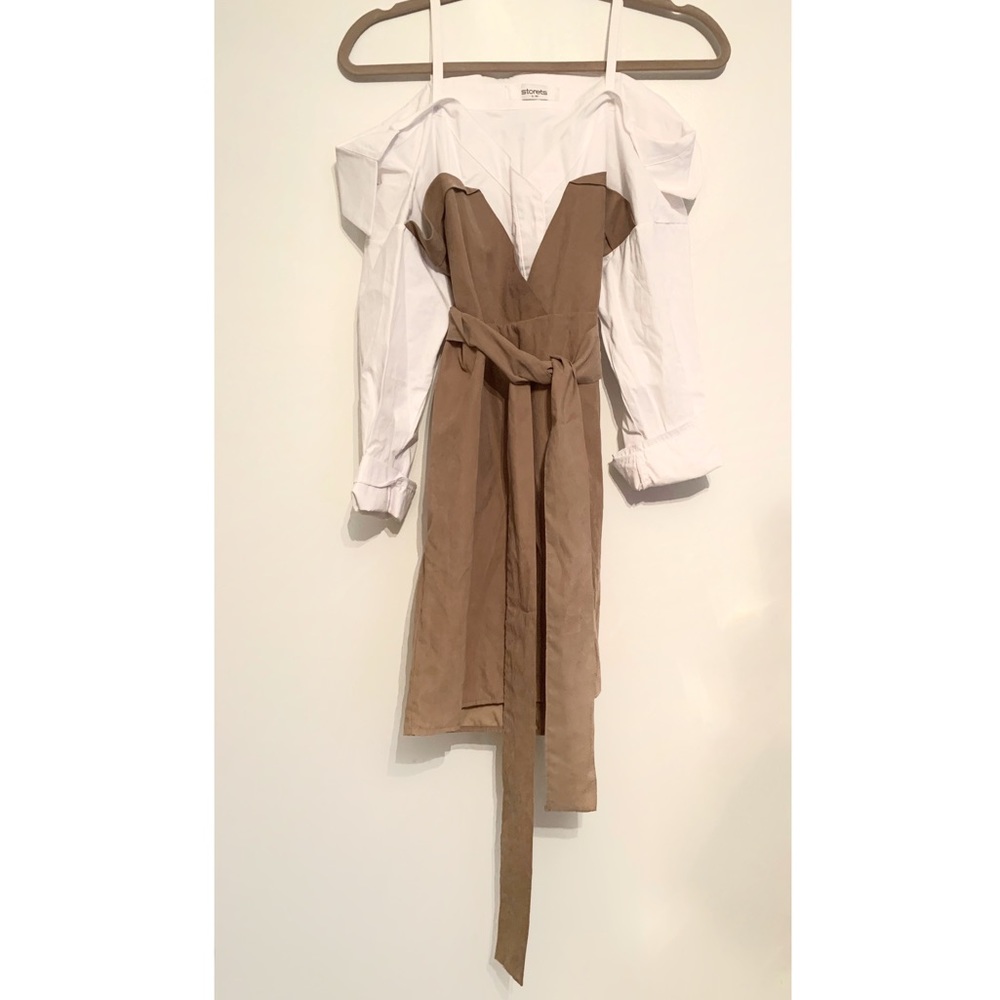 STORETS WHITE BEIGE TAN SUEDE BELTED SHIRT DRESS OFF SHOULDER